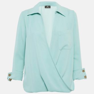 Elisabetta Franchi Blue Crepe Plunking Neck Blouse