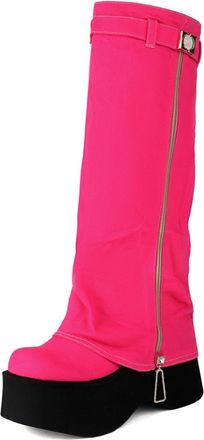 Generic Womens High-Tube Denim Platform Boots With Side Zipper Buckle Decor Retro Oversized Slip-On Style For Daily Streetwear Party Nights,Pink,6.5 UK