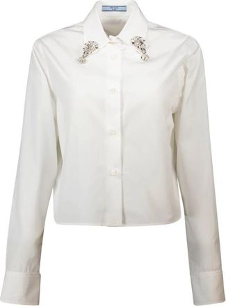 Prada Witte Poplin Blouse met Borduursel - Dames - Overhemden - Wit - M - Katoen - Overhemden