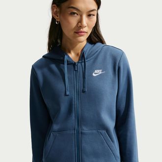 Nike Womens Nike Sportswear Club Fleece Full-Zip Hoodie in Blue | DQ5471-461