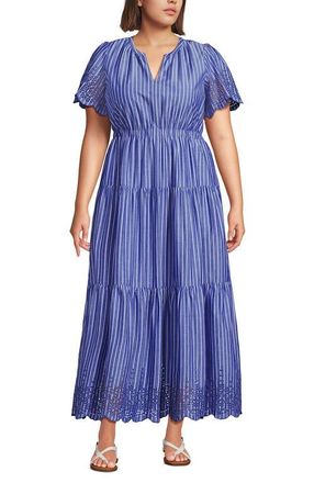 Lands End Tiered Cotton Poplin Eyelet Maxi Dress in Sapphire Gem Stripe Eyelet at Nordstrom, Size 1X
