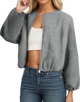 Generic Womens Balloon Sleeve Zipper Bomber Jacket, Ladies Lightweight Stylish Zip-Up Coat with Trendy Balloon Sleeves for Casual Elegant Outfits