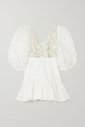 Rime Arodaky Amalfi Minikleid Aus Grain De Poudre Und T&uuml;ll Mit Verzierungen Und Freier R&uuml;ckenpartie - Wei&szlig;
