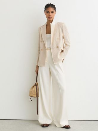Reiss Cream Open-weave Double-breasted Blazer, 16