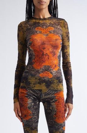 Jean Paul Gaultier Medallion Print Long Sleeve Mesh Top in Black/Khaki/Orange at Nordstrom, Size Medium