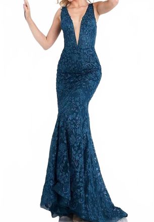 Jovani Illusion Plunging V-Neckline Floral Embroidered Gown In Teal