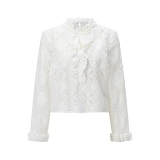 Rich & Royal Romantische blouse met ruches - Dames - Blouses - Wit - L - Katoen - Overhemden