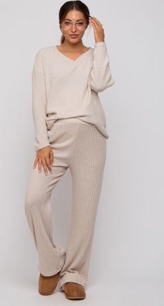 Pinkblush Ribbed Soft Knit Long Sleeve Pajama Set in Beige at Nordstrom, Size Medium