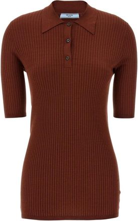 Prada Tops, Dames, Bruin, S, Katoen, Ribbed Polo Shirt