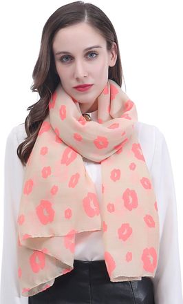 Lina & Lily Lips Kiss Print Womens Scarf Shawl Wrap Lightweight (Beige & Pink)