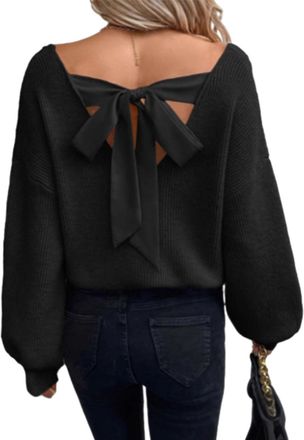 Generic Womens Sexy Off Bow Back Pullover Sweater, Casual V Neck Long Sleeve Loose Fit Tops (UK, Alpha, XL, Regular, Regular, Black)