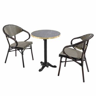 Oviala Mesa de terraza reclinable de m&aacute;rmol negro de 60 cm y 2 sillas negras