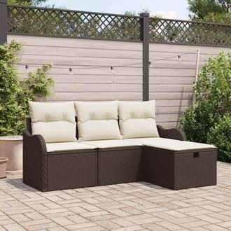 vidaXL Conjunto De Sof&aacute; De Jard&iacute;n 4 Pcs Marr&oacute;n Y Crema Rat&aacute;n Sint&eacute;tico Vidaxl
