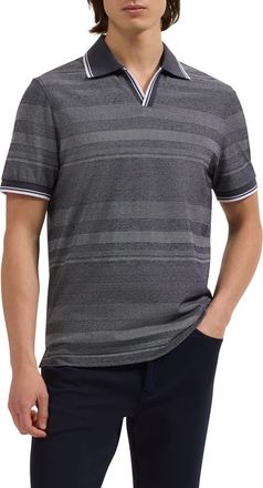 Bugatchi Textured Stripe Johnny Collar Polo in Navy at Nordstrom, Size Xx-Large