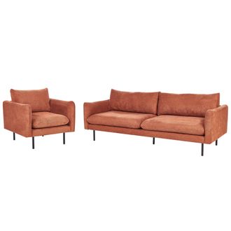 Beliani Conjunto De Sala De Estar 3 Plazas Estilo Retro Moderno Sof&aacute; Y Sill&oacute;n Patas Negras De Metal Tela Chenilla Marr&oacute;n Dorado Vinterbro