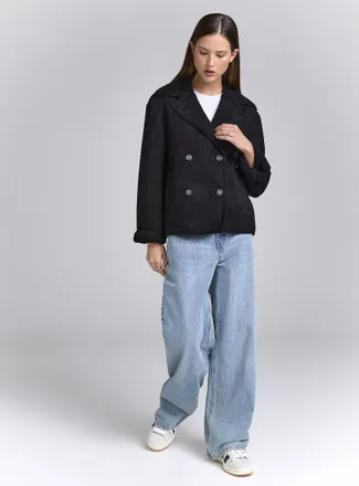 Twik Womens Double-breasted cuffed faux-shearling coat