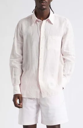 Thom Browne Straight Fit Garment Dye Linen Button-Down Shirt in Light Pink at Nordstrom, Size 4