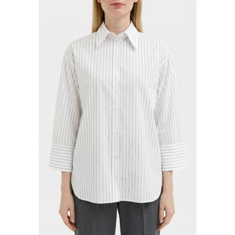 PESERICO Womens White Striped Cotton Shirt, Size 40