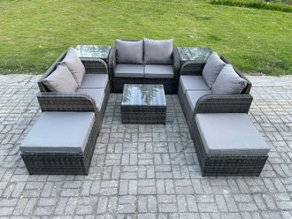 Fimous 8 Seater Outdoor Garden Furniture Sets Wicker Rattan Furniture Sofa Sets with Square Coffee Table Love seat Sofa 2 Big Footstool in Dark Grey