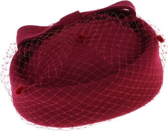 Hellery SM SunniMix Vintage Wool Felt Pillbox Hat with Bow Veil Fascinator Wedding Headpiece, Burgundy, as described
