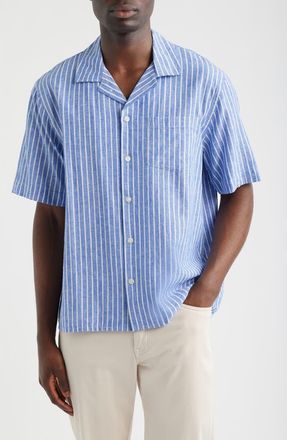 Corridor Stripe Linen & Cotton Camp Shirt in Blue at Nordstrom, Size Xx-Large