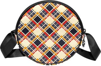 Generic Circle Crossbody Bag for Women, Colorful Plaid Small Sling Bag Daypack with Zipper Adjustable Shoulder Straps Casual Ladies Girls Round Purse