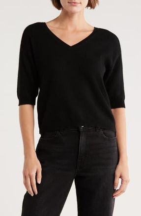 Magaschoni Cashmere V-Neck Elbow Sleeve Sweater in Black at Nordstrom Rack, Size Medium