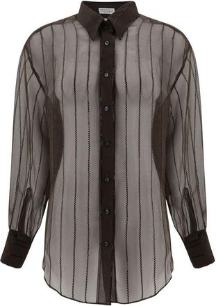 Brunello Cucinelli Brunello Cucinelli Womens Striped Silk Buttondown Blouse - Dark Grey - Size Large