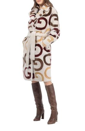 Gorski Reversible Genuine Shearling G Intarsia Short Coat, Belt in Cream/wine/chestnut/camel at Nordstrom, Size X-Small