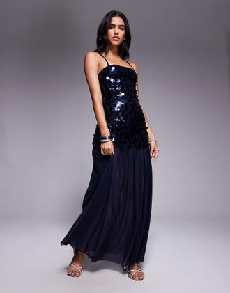 Ra-Re London - Vestito lungo con spalline sottili blu navy con fondo trasparente e paillettes a disco