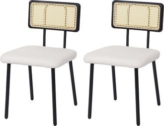 Hhg Nunca Usado] Lote De 2 Sillas De Comedor Hhg 707, Sill&oacute;n Silla, Madera Poly-rattan Metal Boucl&eacute;, Tela/textil Blanco