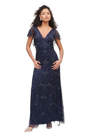 Beauut Occasion Embellished Sequin Beaded Deep V Neck Evening Maxi Dress in Mid Night Blue at Nordstrom, Size 4