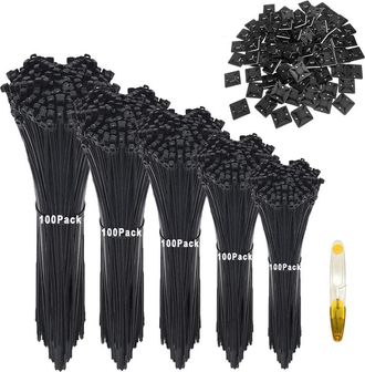 OEM 500 Bridas De Nailon De 100/150/200/250/300 Mm Para Cables De Interior Y Exterior, Herramientas Y Acabados De Jard&iacute;n + 50 Bases Adhesivas Negras