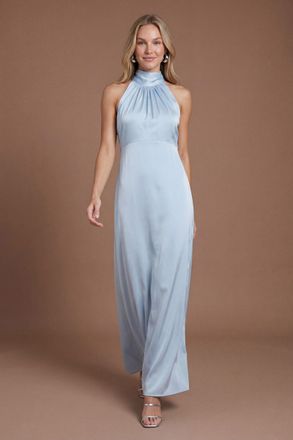 Oasis Womens Light Blue Satin Halter Neck Maxi Bridesmaid Dress - Size 16 UK