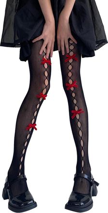 Generic Shear Tights Women Lolita Tights with Bows Cute Mesh Halloween Stockings 80S 90S Female Girls Gothic Lace Stockings Leggings Small Tights (D, One Size