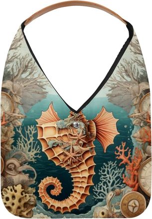 Generic Vintage Map Seahorse Reusable Lightweight Grocery Bags - Foldable Into Compact Pouch, Washable & Sturdy, Multipurpose for Shopping and Travel