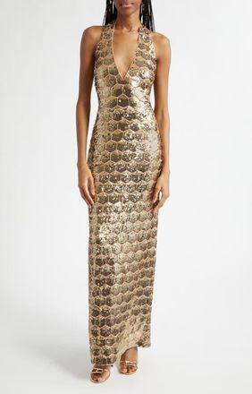 Ramy Brook Shauna Sequin Halter Gown in Gold Sequin at Nordstrom, Size 14