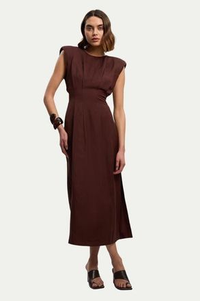 Karen Millen Linen Blend Pintuck Midi Dress in Chocolate at Nordstrom, Size 10
