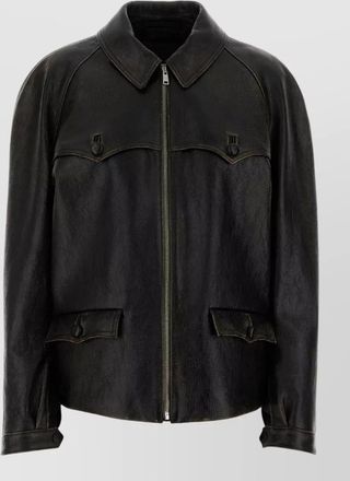Prada leather jacket long sleeves buttoned pockets tabs