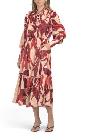 Ciebon Eryn Blush Elegant Long Pleated Sleeve Dress In Red