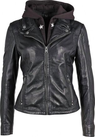 Mauritius Womens Duffi Leather Jacket With Star Hood In Black