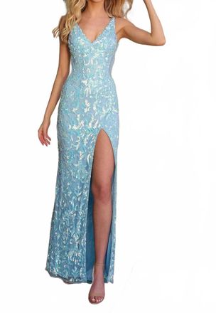 Primavera Embellished V-Shaped Open Back Prom Dress In Crystal Blue