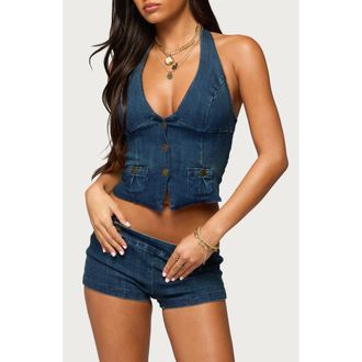 Edikted Sashe Denim Halter Top in Blue at Nordstrom, Size X-Large