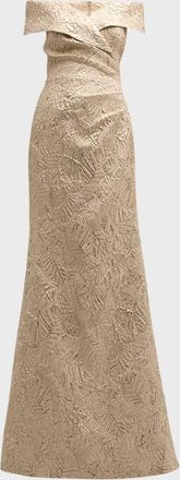 Teri Jon Off-Shoulder Metallic Jacquard Gown