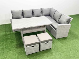 Fimous Rattan Garden Furniture Set Outdoor 8 Seater Patio Dining Corner Sofa in Light Grey