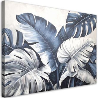 Feeby Cuadro En Lienzo Hojas De Monstera Y Platanero Azul Gris&aacute;ceo 100x70