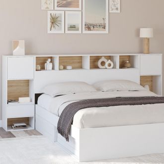 IDMarket Campha Cabecero Exento De 240 Cm Con Mesillas De Noche De Madera Y Blancas + Cajones + Hornacinas