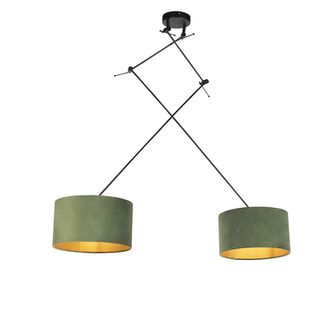 QAZQA R&uacute;stico L&aacute;mpara Colgante Negra Con Pantallas De Terciopelo Verde Y Dorado 35 Cm 2-luces - Blitz Textil /acero Cil&iacute;ndra /alargada /redonda Adecuado Par