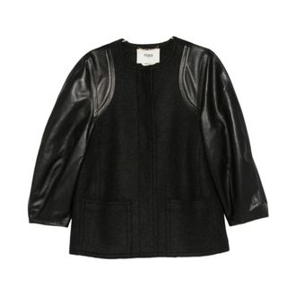 Fendi Panelled Grey Coat Round Neck