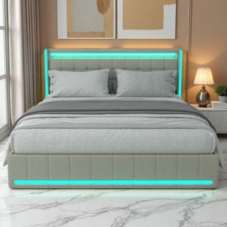 OEM Cama Doble 140x190 - Cama Con Cofre Y 4 Cajones - Led Rgb 6000+ Colores - Tela De Lino Beige Moderna